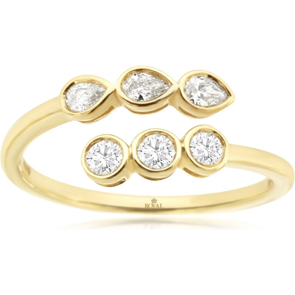 14K Yellow Gold Contemporary Open-Shank Ring with Bezel-Set Pear and Round Diamonds - 0.32 Carat Total Diamond Weight - Royal Jewelry