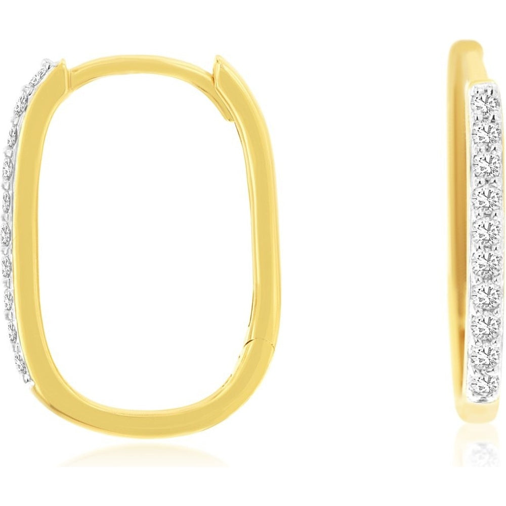 14K Yellow Gold Contemporary Oval Hoop Earrings with Pavé-Set Round Diamonds - 0.18 Carat Total Diamond Weight - Royal Jewelry