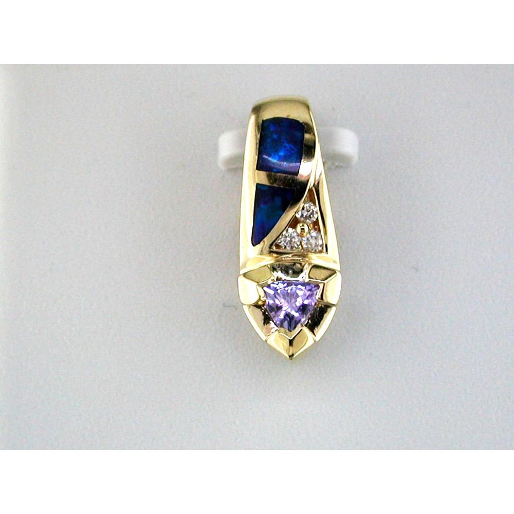 14K Yellow Gold Contemporary Pendant with Trillion Tanzanite, Blue Opal and Round Diamonds - 0.20 Carat Tanzanite and 0.05 Carat Total Diamond Weight - Royal Jewelry