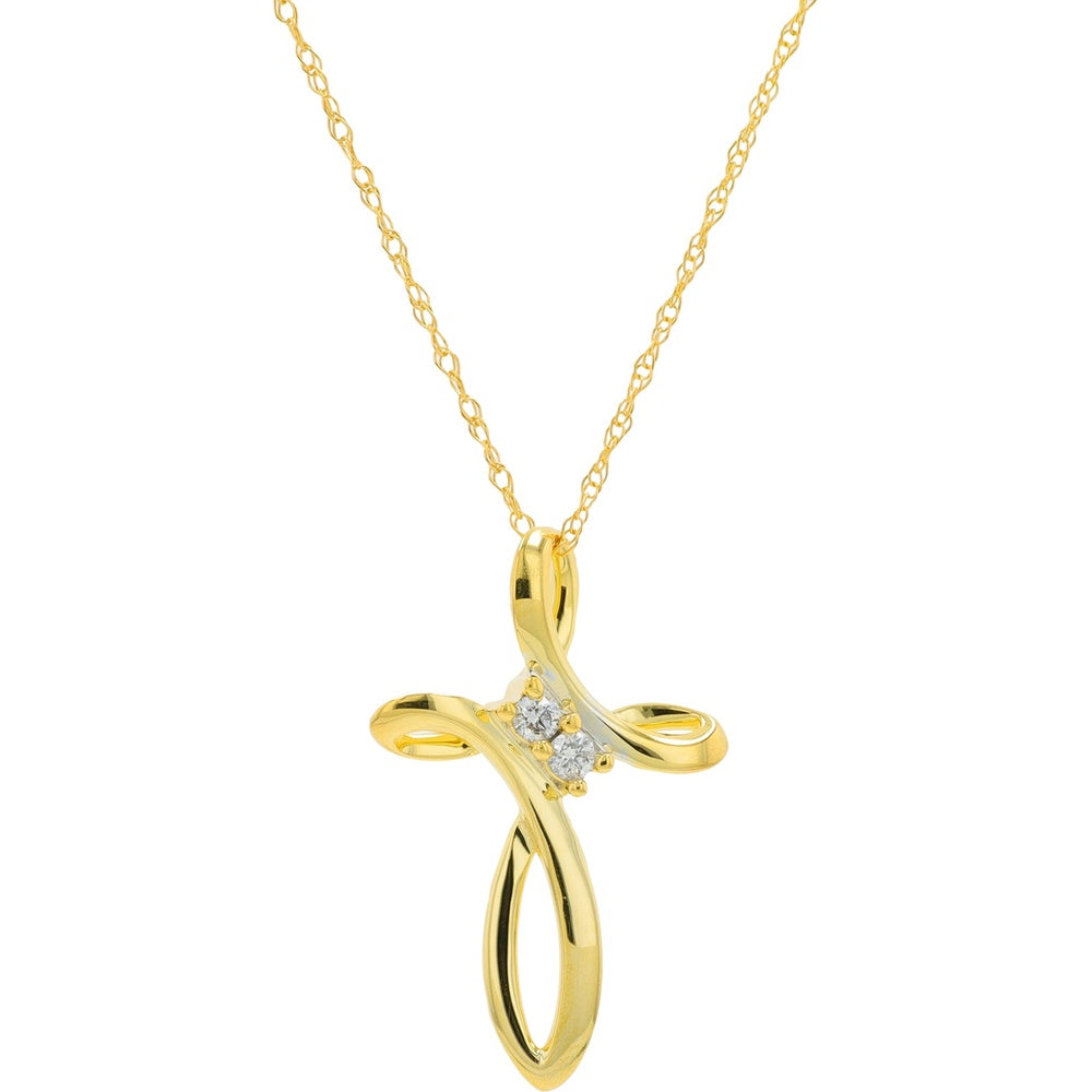 14K Yellow Gold Contemporary Ribbon Cross Pendant with Prong-Set Round Diamonds - 0.04 Carat Total Diamond Weight