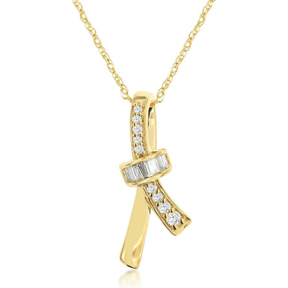 14K Yellow Gold Contemporary Ribbon Pendant with Prong-Set Round and Channel-Set Baguette Diamonds - 0.11 Carat Total Diamond Weight - Royal Jewelry