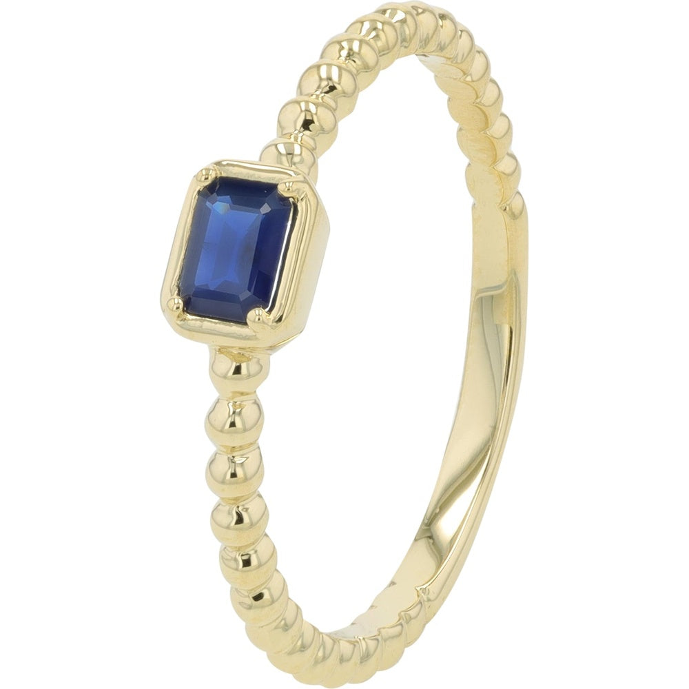 14K Yellow Gold Contemporary Ring with Beaded Band and Emerald-Cut Blue Sapphire - 0.25 Carat Total Gem Weight