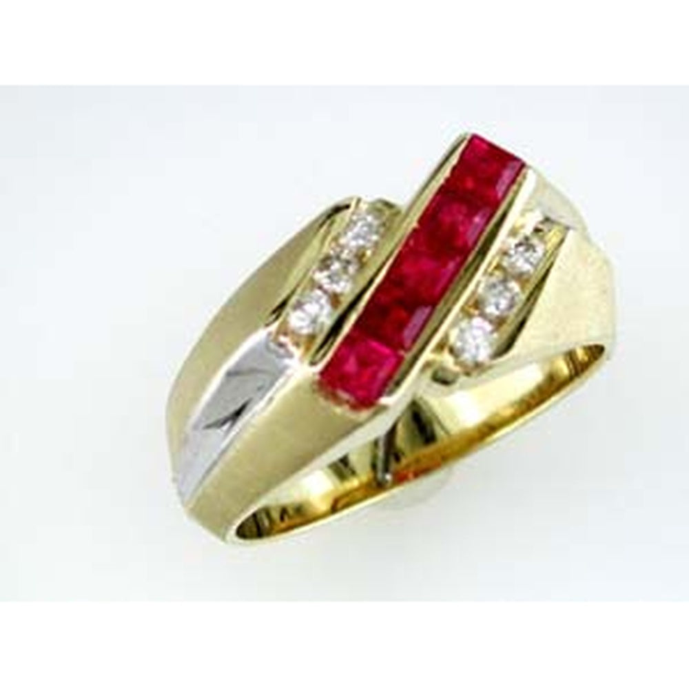 14K Yellow Gold Contemporary Ring with Channel-Set Princess Cut Rubies and Round Diamond Accents - 0.75 Carat Ruby Weight & 0.24 Carat Diamond Weight - Royal Jewelry