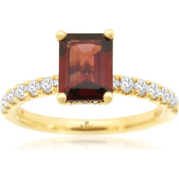 14K Yellow Gold Contemporary Ring with Emerald-Cut Garnet and Round Diamond Accents - 2.20 Carat Garnet and 0.50 Carat Total Diamond Weight - Royal Jewelry