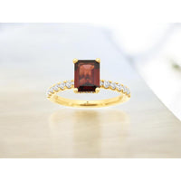 14K Yellow Gold Contemporary Ring with Emerald-Cut Garnet and Round Diamond Accents - 2.20 Carat Garnet and 0.50 Carat Total Diamond Weight - Royal Jewelry