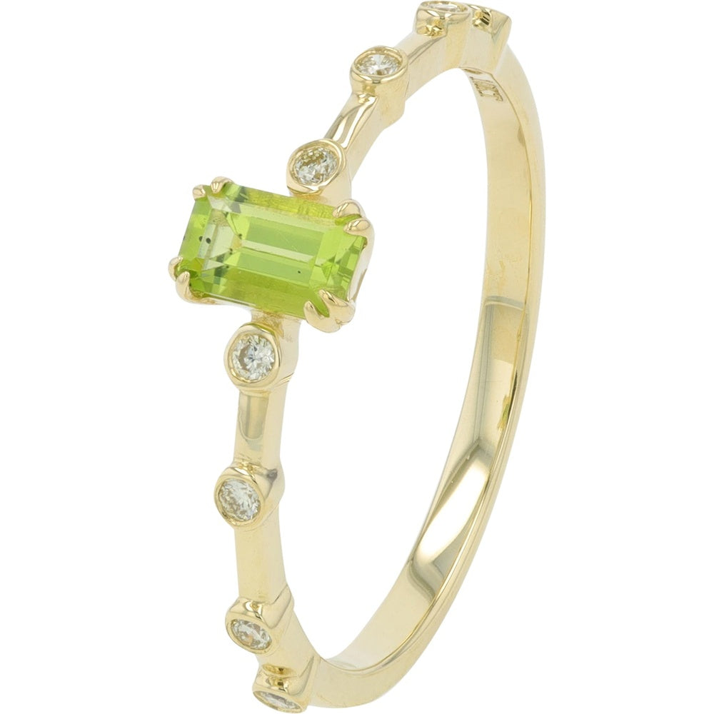 14K Yellow Gold Contemporary Ring with Emerald-Cut Peridot and Bezel-Set Diamond Accents - 0.08 Carat Total Diamond Weight