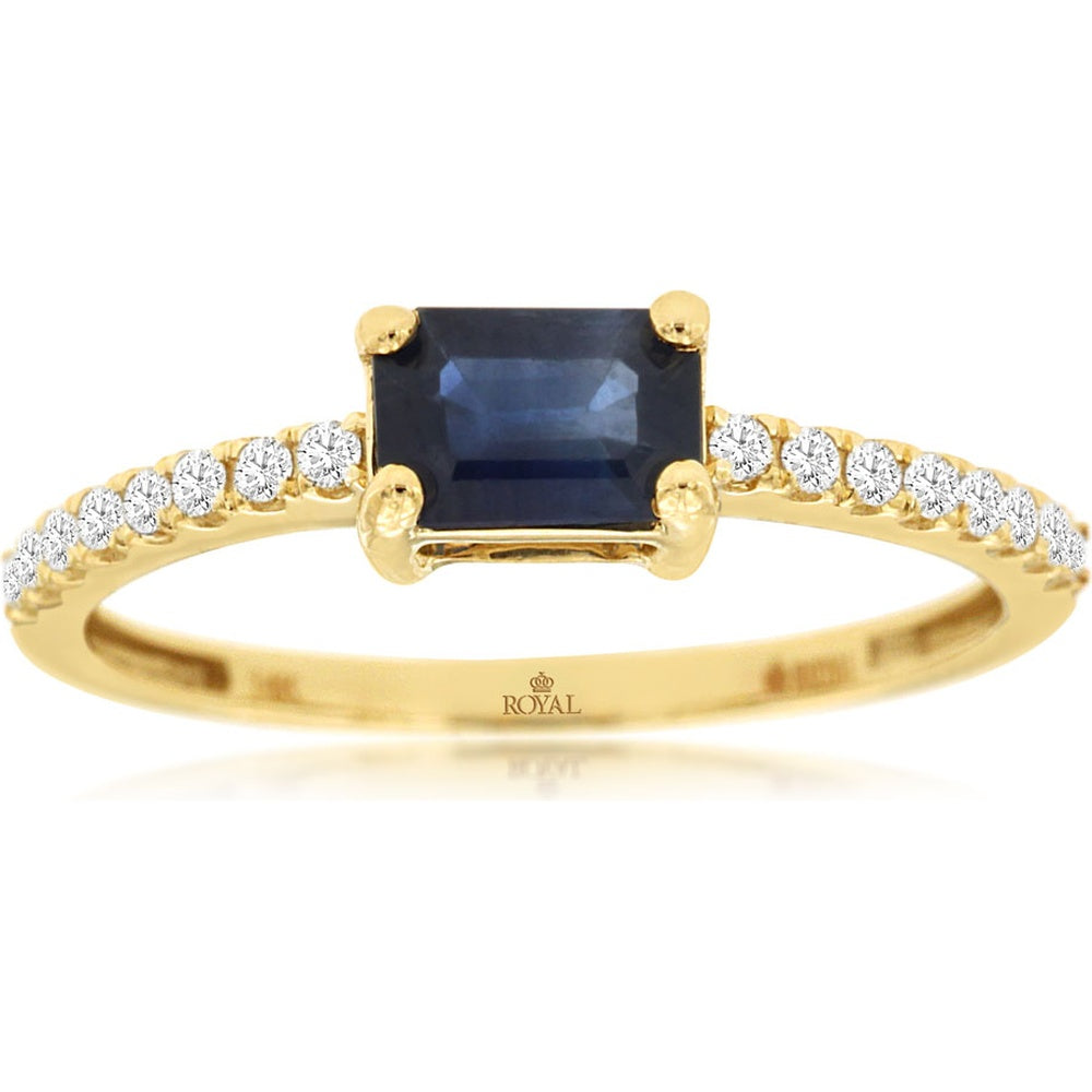 14K Yellow Gold Contemporary Ring with Emerald-Cut Sapphire and Round Diamond Accents - 0.70 Carat Sapphire and 0.14 Carat Total Diamond Weight - Royal Jewelry