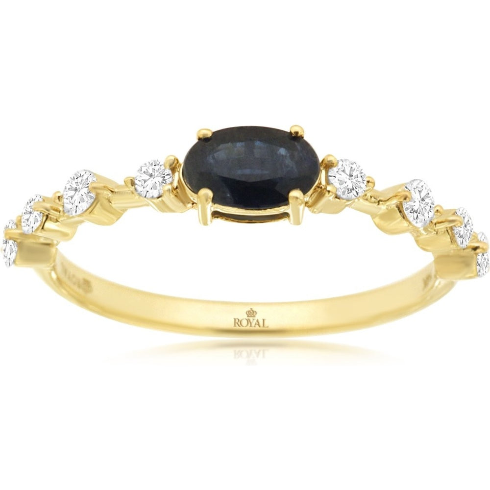 14K Yellow Gold Contemporary Ring with Oval Sapphire and Alternating Round Diamonds - 0.55 Carat Sapphire and 0.25 Carat Total Diamond Weight - Royal Jewelry