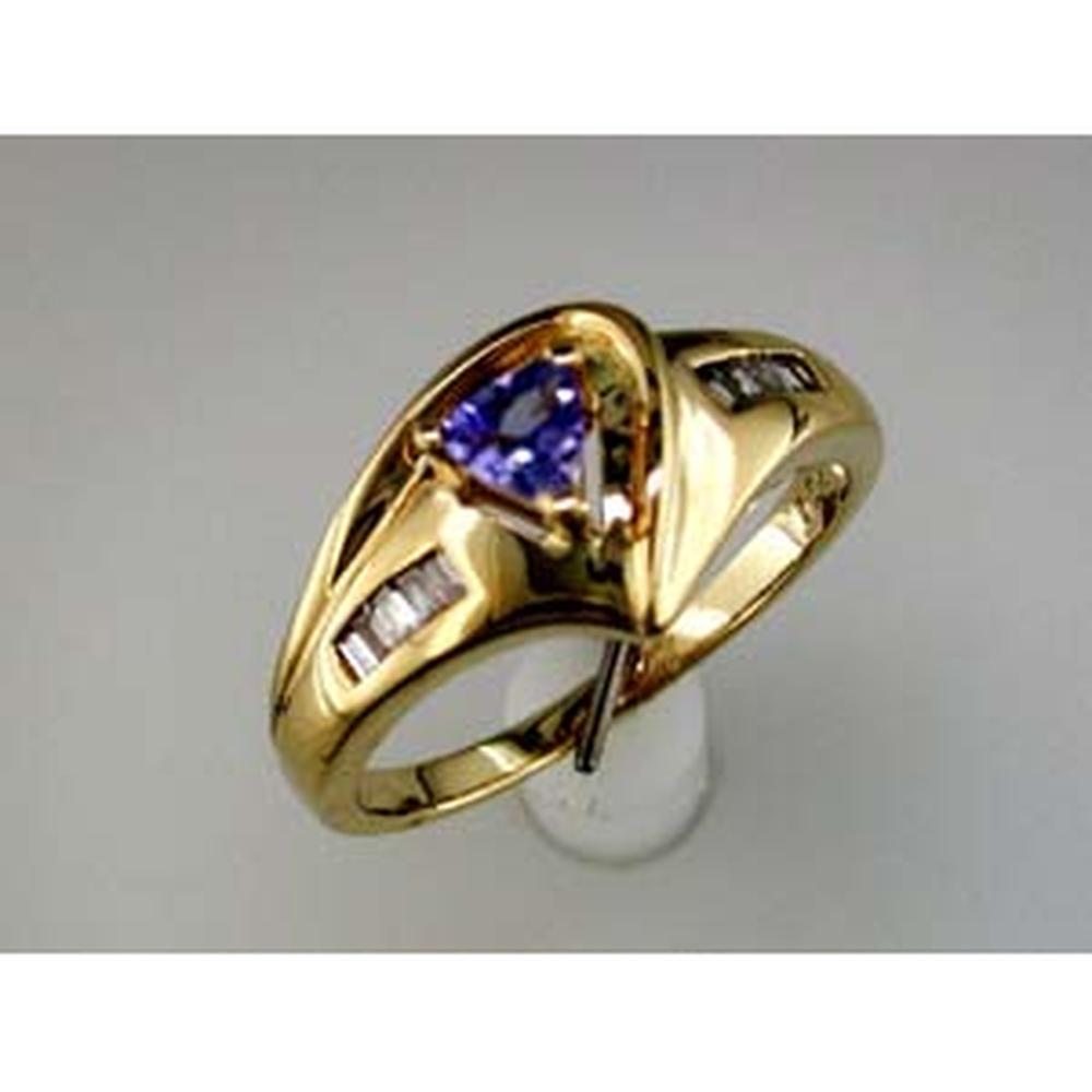 14K Yellow Gold Contemporary Ring with Trillion Cut Tanzanite and Baguette Diamonds - 0.25 Carat Tanzanite & 0.20 Carat Total Diamond Weight - Royal Jewelry