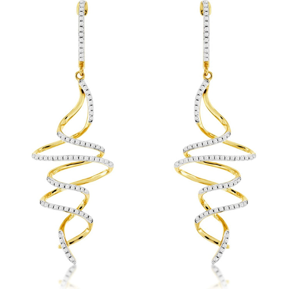 14K Yellow Gold Contemporary Spiral Drop Earrings with Pavé-Set Round Diamonds - 0.43 Carat Total Diamond Weight - Royal Jewelry