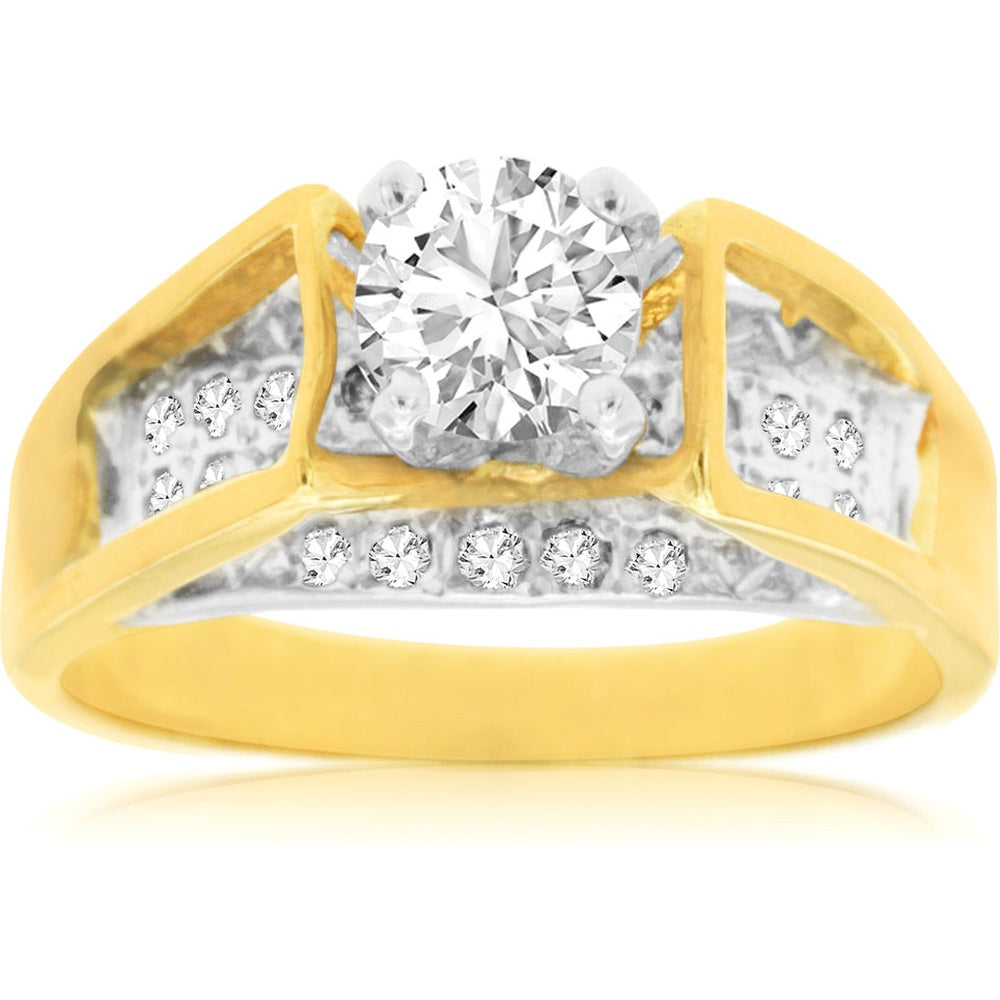 14K Yellow Gold Contemporary Split Shank Engagement Ring with Round Brilliant Cut Diamonds - 0.86 Carat Total Diamond Weight - Royal Jewelry