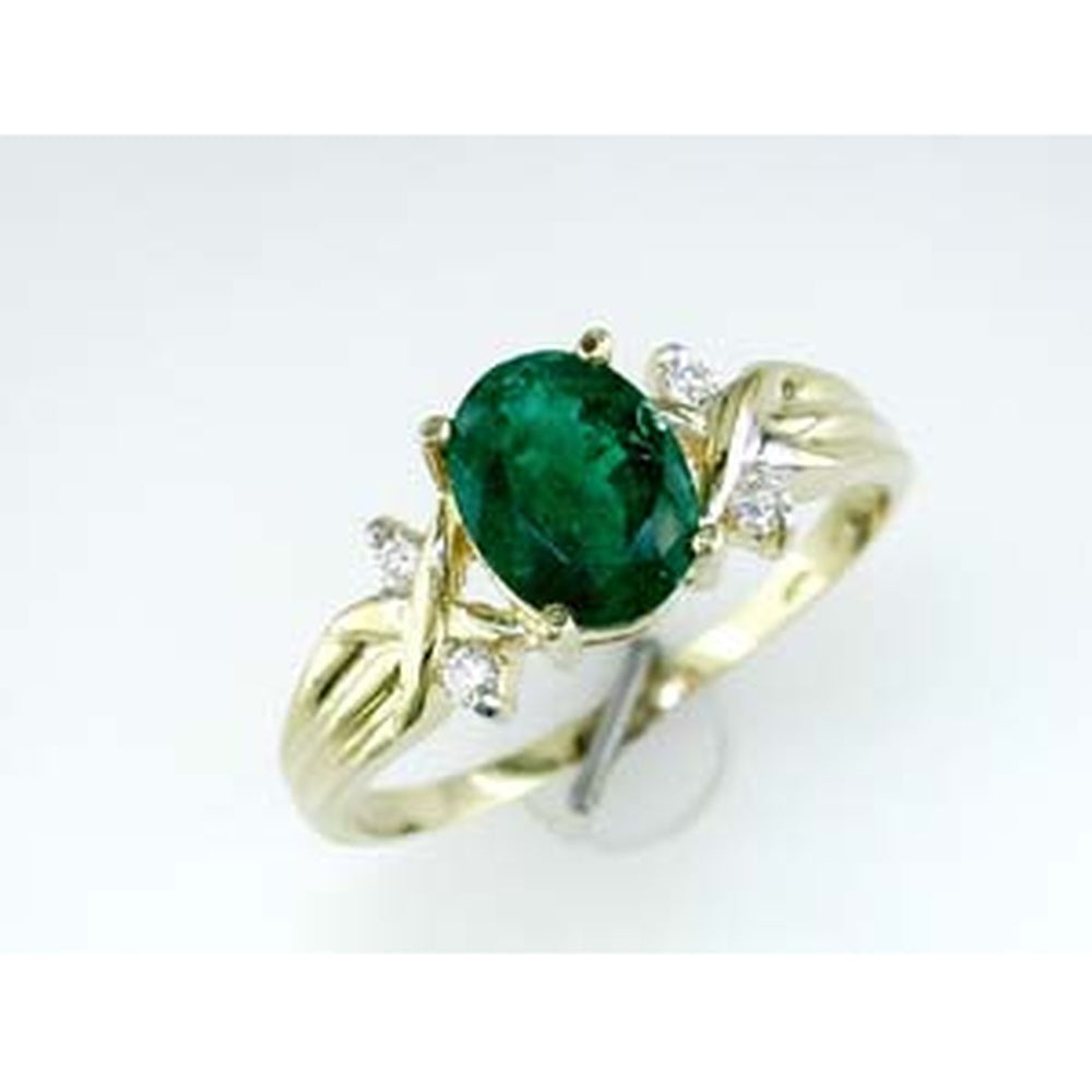 14K Yellow Gold Contemporary Split-Shank Ring with Oval Emerald and Round Diamond Accents - 1.20 Carat Emerald and 0.09 Carat Diamond Total Weight - Royal Jewelry