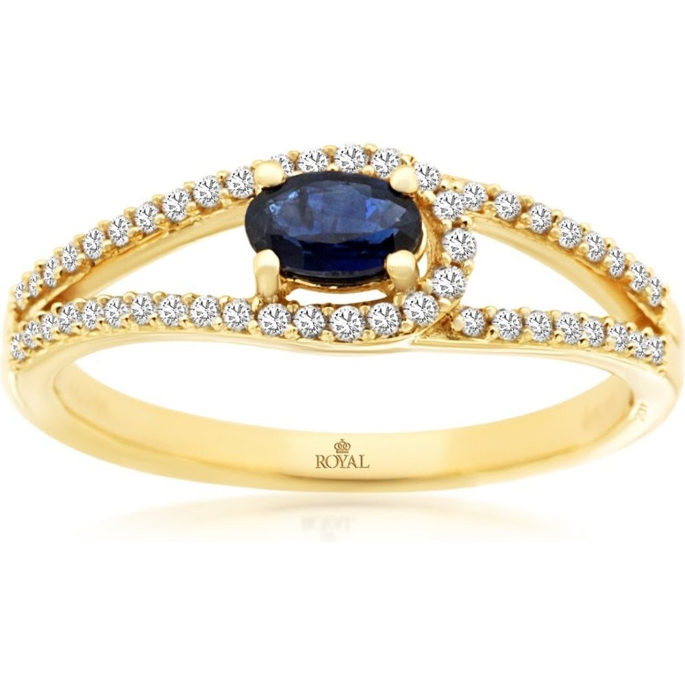 14K Yellow Gold Contemporary Split Shank Ring with Oval Sapphire and Pavé Set Round Diamonds - 0.28 Carat Sapphire and 0.20 Carat Total Diamond Weight - Royal Jewelry
