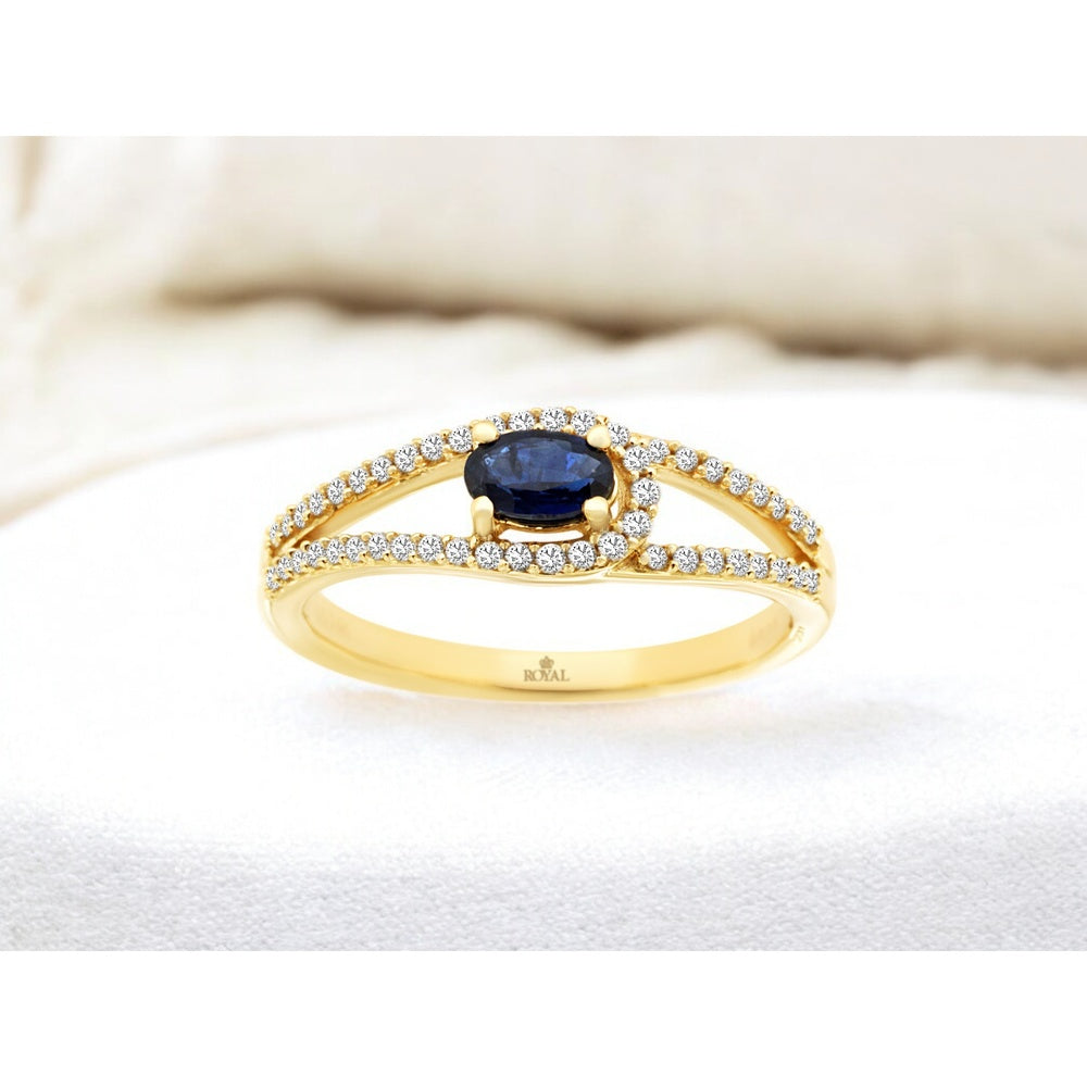 14K Yellow Gold Contemporary Split Shank Ring with Oval Sapphire and Pavé Set Round Diamonds - 0.28 Carat Sapphire and 0.20 Carat Total Diamond Weight - Royal Jewelry