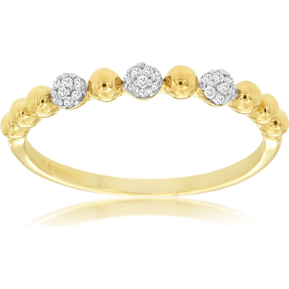 14K Yellow Gold Contemporary Stackable Band with Pavé Set Round Diamond Clusters and Polished Gold Beads - 0.09 Carat Total Diamond Weight - Royal Jewelry