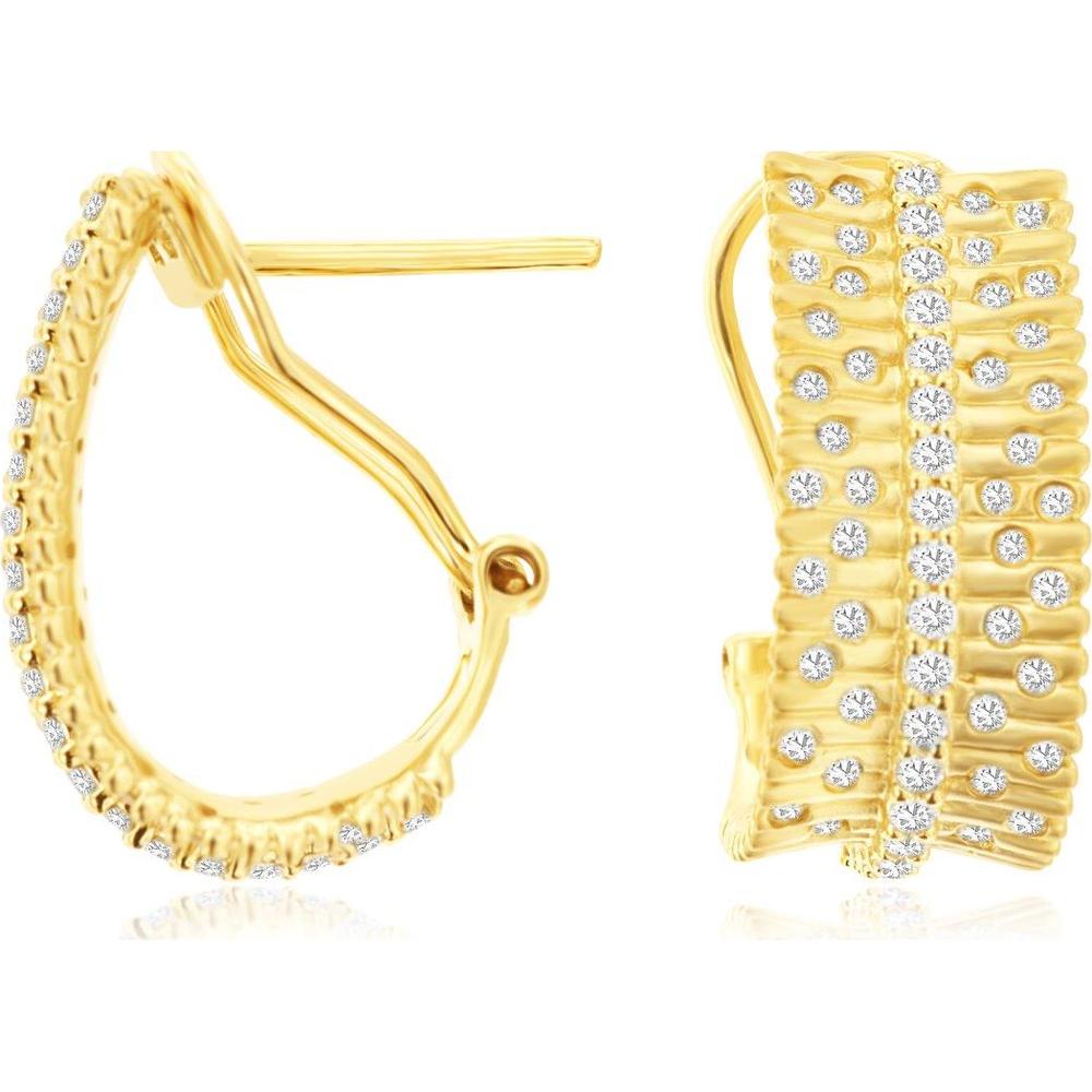 14K Yellow Gold Contemporary Texture Hoop Earrings with Vertical Column Pavé Set Round Diamonds - 0.65 Carat Total Weight - Royal Jewelry