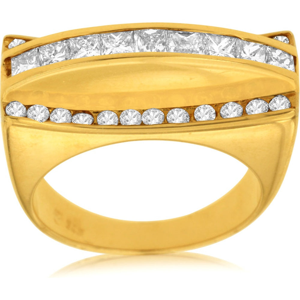 14K Yellow Gold Contemporary Two-Row Wedding Band with Princess Cut and Round Diamonds - 1.29 Carat Total Diamond Weight - Royal Jewelry