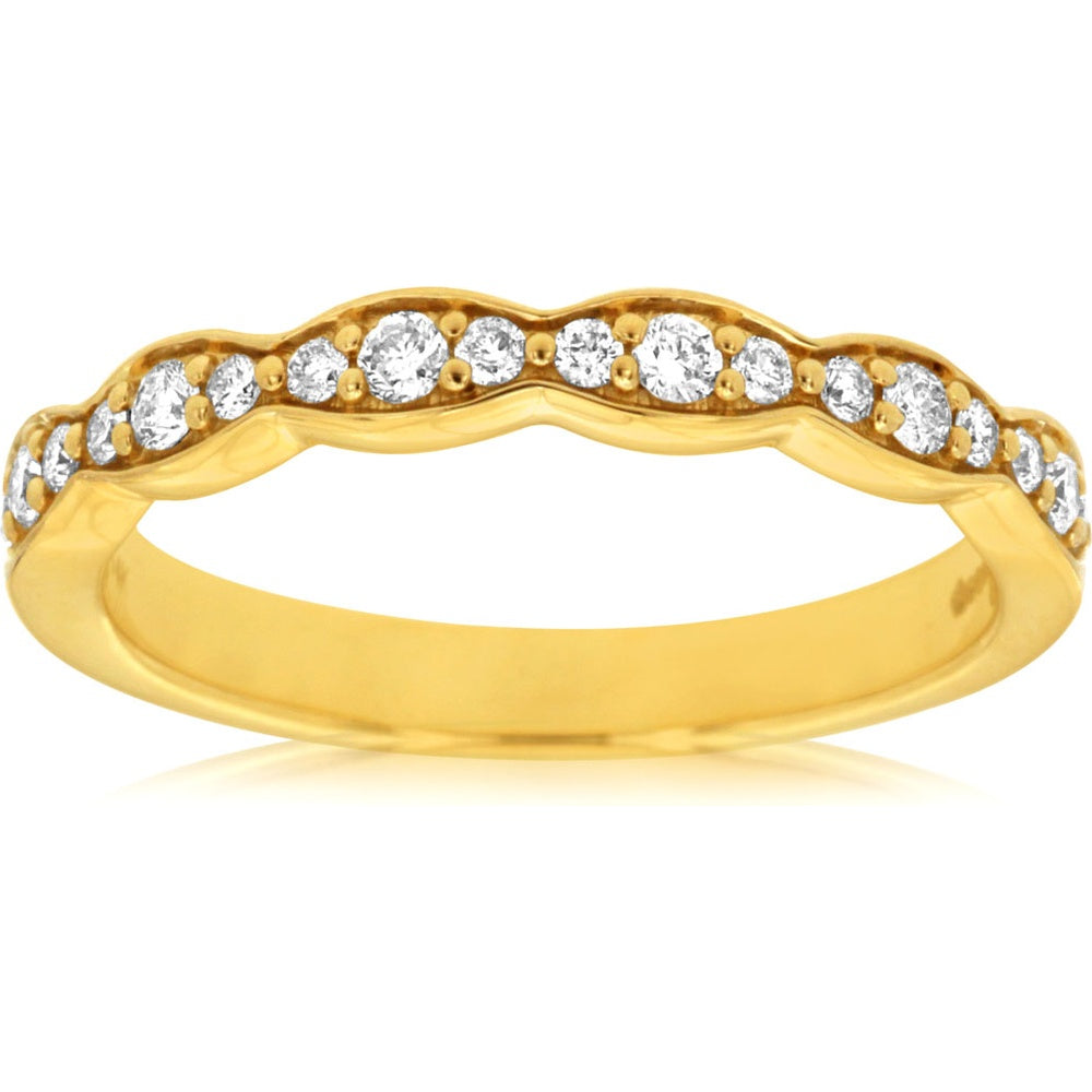 14K Yellow Gold Contour Wave Diamond Wedding Band with Prong-Set Round Brilliant Diamonds - 0.25 Carat Total Diamond Weight - Royal Jewelry