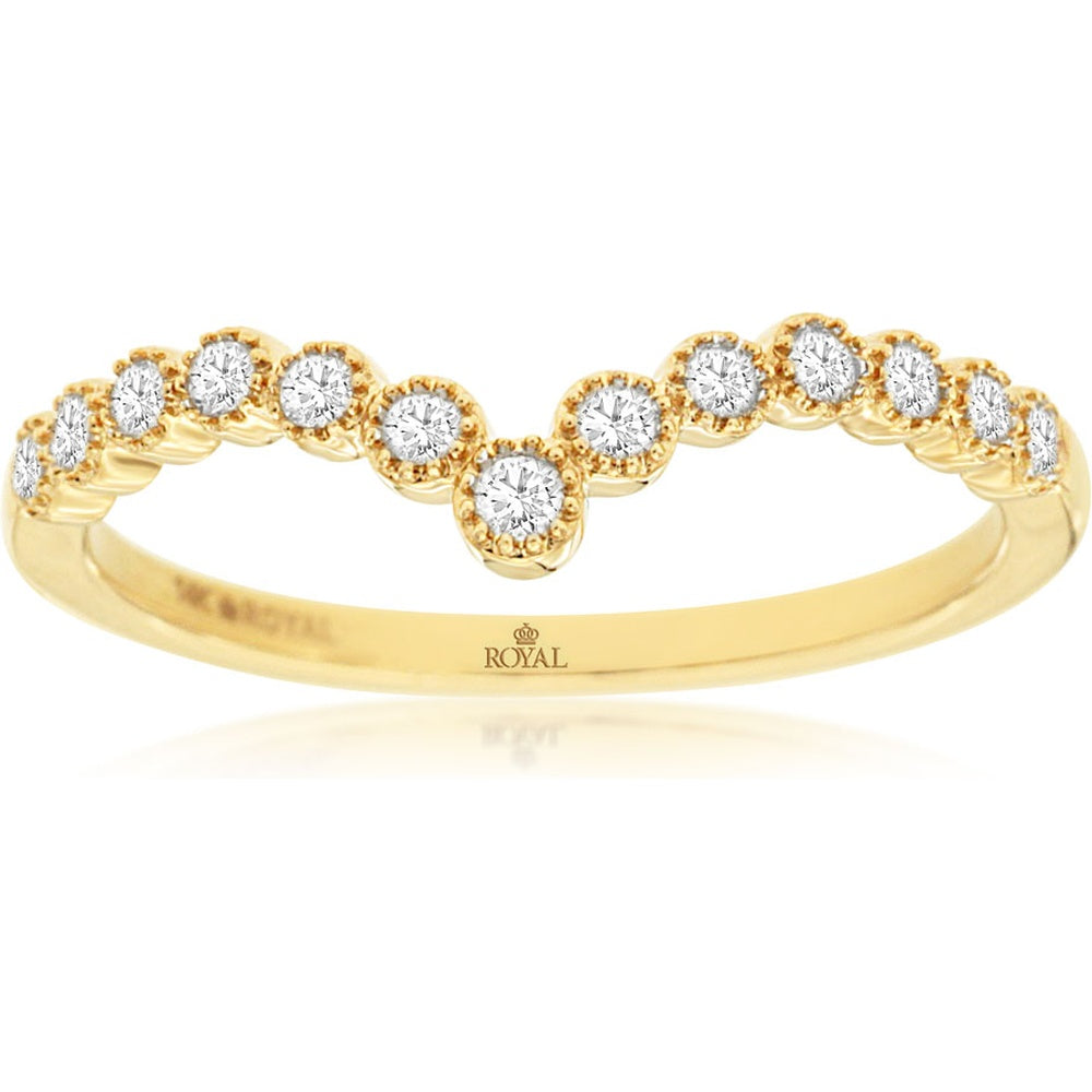 14K Yellow Gold Contour Wedding Band with Milgrain-Edge Round Diamonds - 0.15 Carat Total Diamond Weight - Royal Jewelry