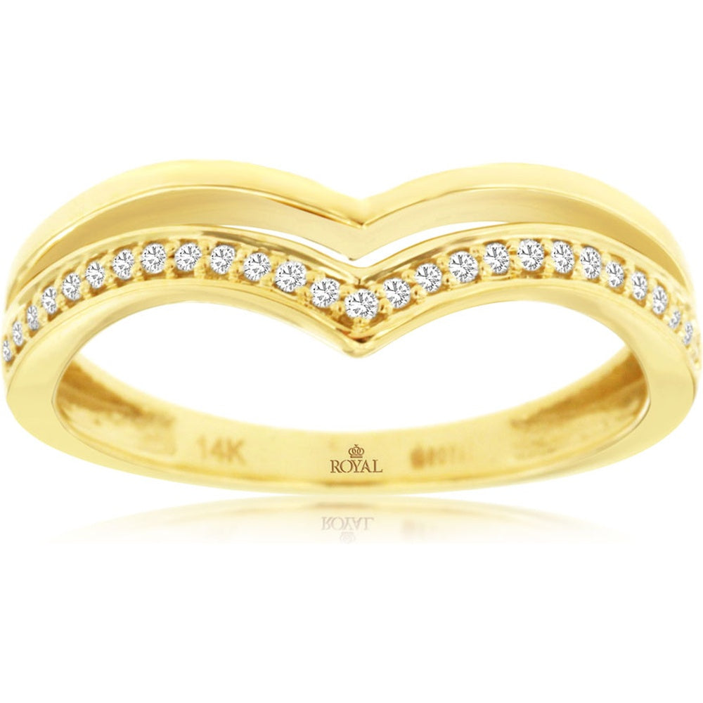 14K Yellow Gold Contour Wedding Band with Pavé Set Round Diamonds - 0.068 Carat Total Diamond Weight - Royal Jewelry