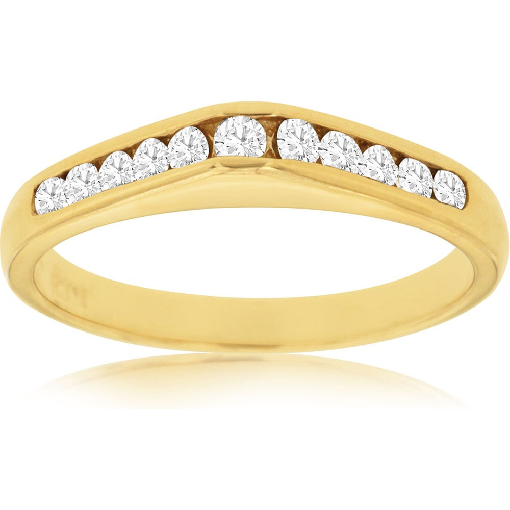 14K Yellow Gold Contoured Wedding Band with Channel Set Round Diamonds - 0.31 Carat Total Diamond Weight - Royal Jewelry