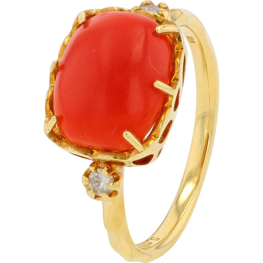 14K Yellow Gold Coral Ring with Diamond Accent - 0.06 Carat Total Diamond Weight