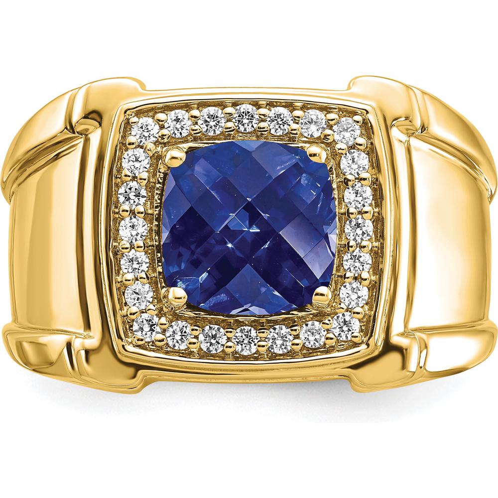 14K Yellow Gold Created Cushion-Cut Sapphire and Diamond Men's Ring - 2.47 Carat Total Gemstone Weight by 0