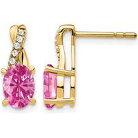 14K Yellow Gold Created Pink Sapphire and Diamond Drop Earrings - 0.12 Carat Total Diamond Weight by Oro Pregiato