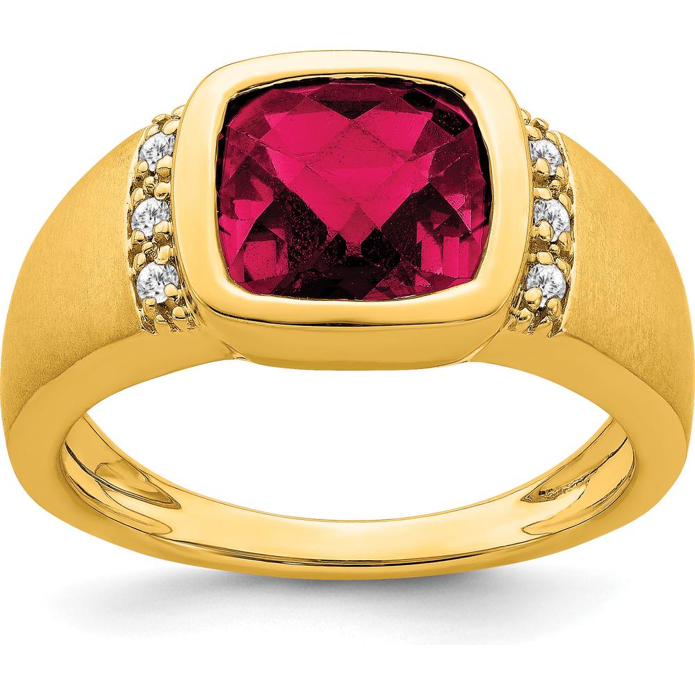 14K Yellow Gold Created Ruby and Diamond Men's Ring - 4.5 Carat Ruby, 0.015 Carat Total Diamond Weight by 0