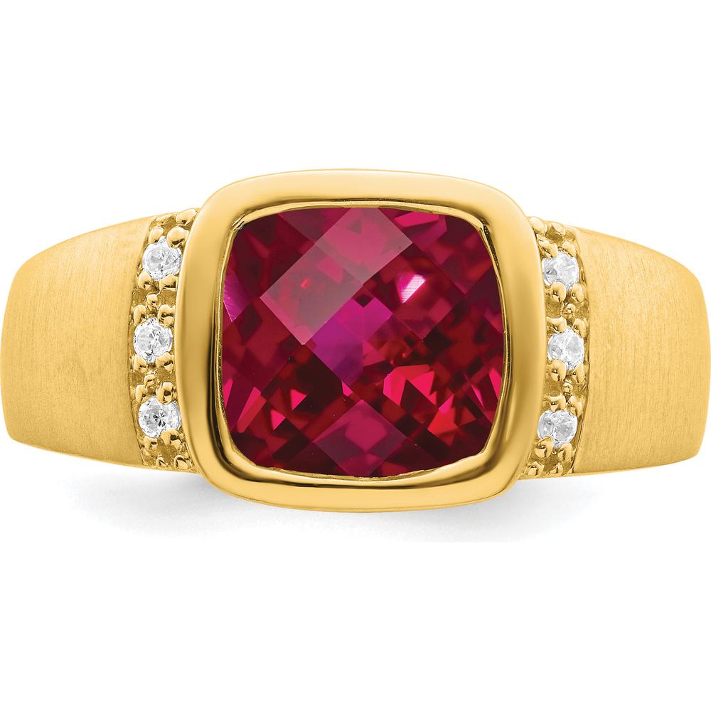 14K Yellow Gold Created Ruby and Diamond Men's Ring - 4.5 Carat Ruby, 0.015 Carat Total Diamond Weight by 0