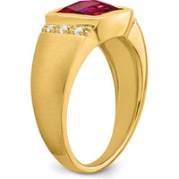 14K Yellow Gold Created Ruby and Diamond Men's Ring - 4.5 Carat Ruby, 0.015 Carat Total Diamond Weight by 0
