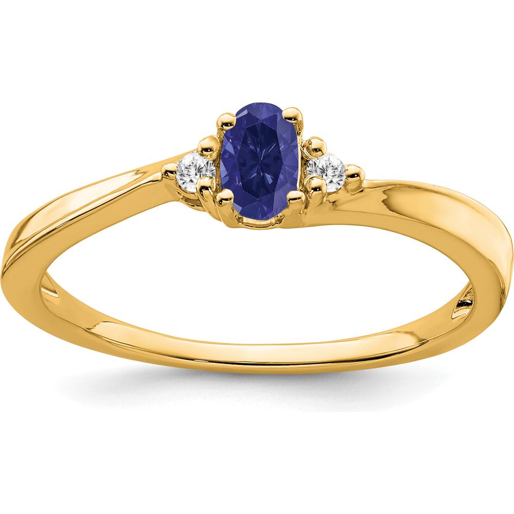 14K Yellow Gold Created Sapphire and Diamond Ring with Oval Sapphire and Round Diamond Accents - 0.02 Carat Total Diamond Weight by 0