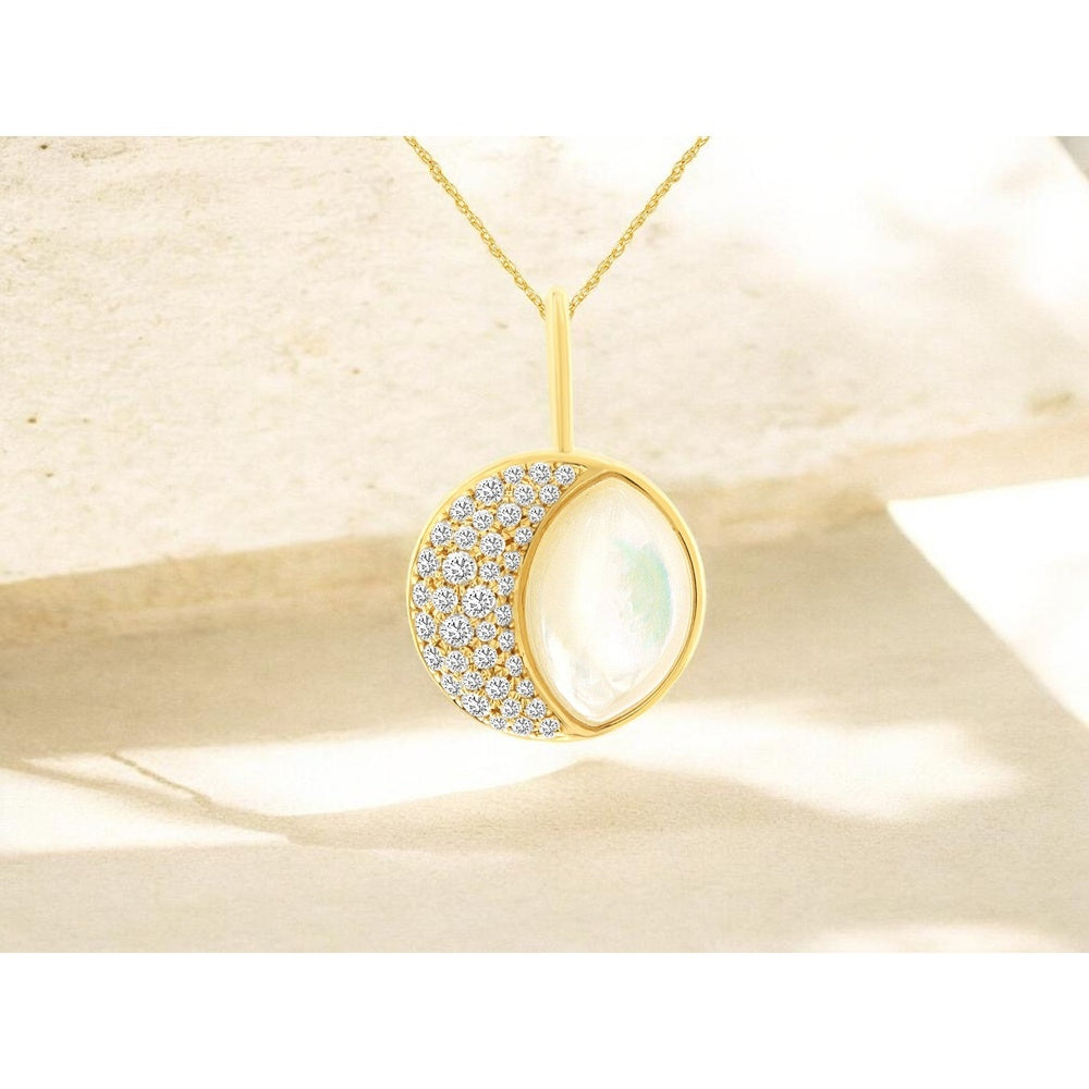 14K Yellow Gold Crescent Diamond and Mother of Pearl Pendant Necklace - 0.24 Carat Total Diamond Weight - Royal Jewelry