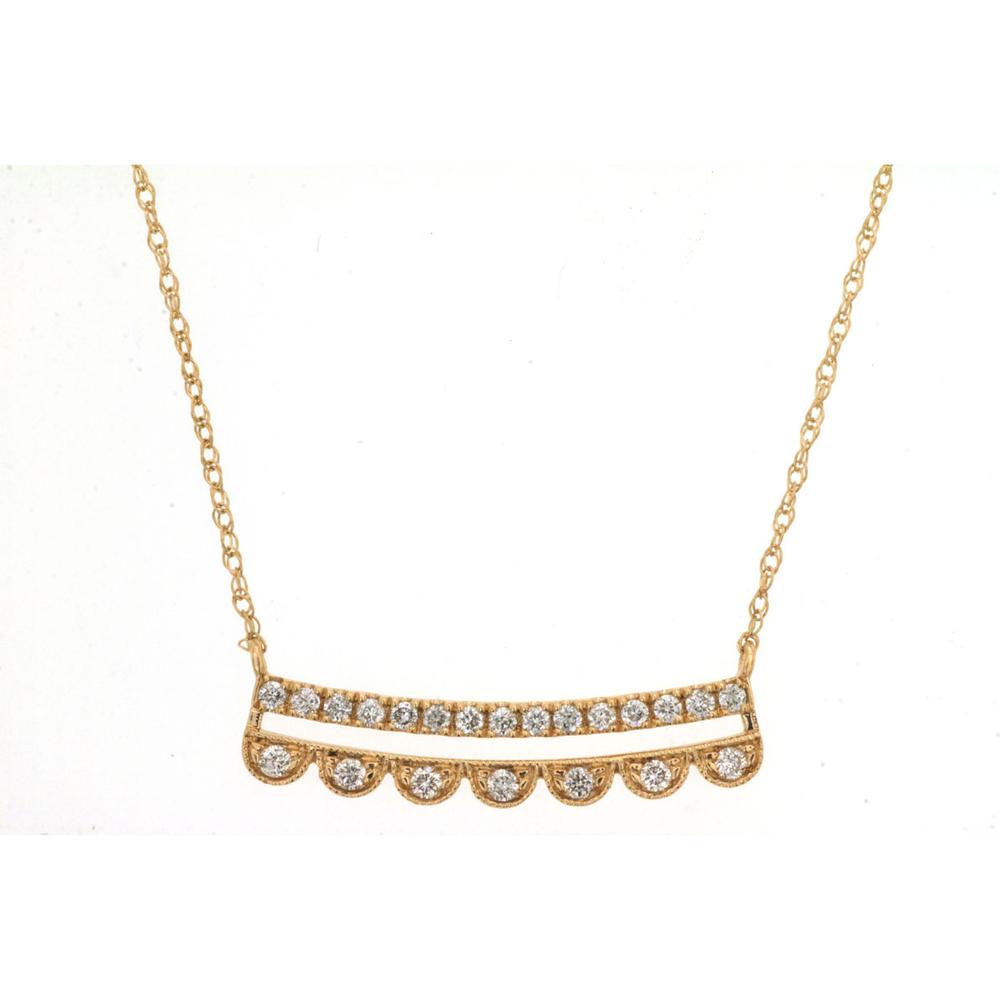14K Yellow Gold Crescent Diamond Bar Necklace with Scalloped Milgrain Edge and Round Diamonds - 0.20 Carat Total Diamond Weight - Royal Jewelry