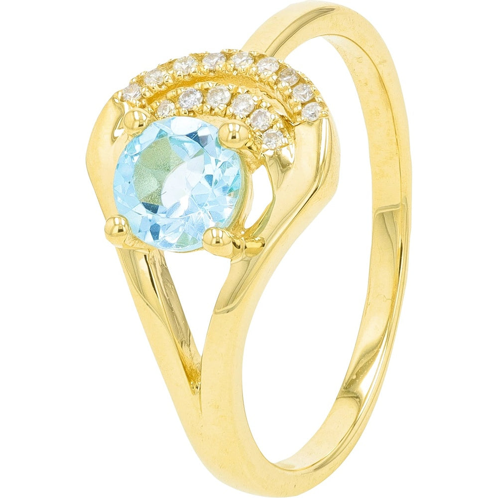 14K Yellow Gold Crescent Halo Ring with Round Sky Blue Topaz and Diamond Accents - 0.64 Carat Total Topaz Weight and 0.07 Carat Total Diamond Weight