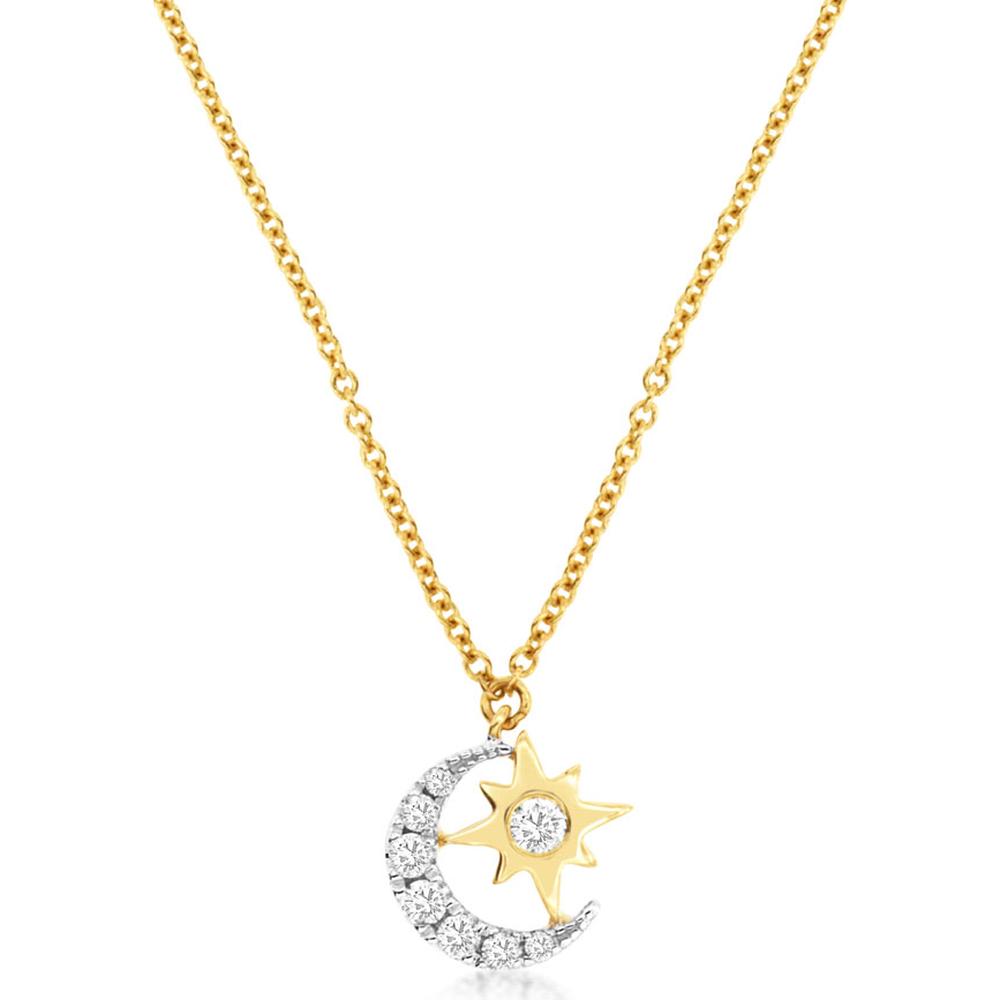 14K Yellow Gold Crescent Moon and Star Necklace with Round Diamonds - 0.09 Carat Total Diamond Weight - Royal Jewelry