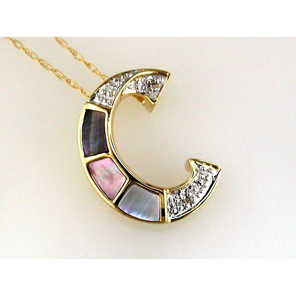 14K Yellow Gold Crescent Moon Pendant with Multicolor Mother-of-Pearl Inlay and Pavé-Set Round Diamonds - 0.02 Carat Total Diamond Weight - Royal Jewelry