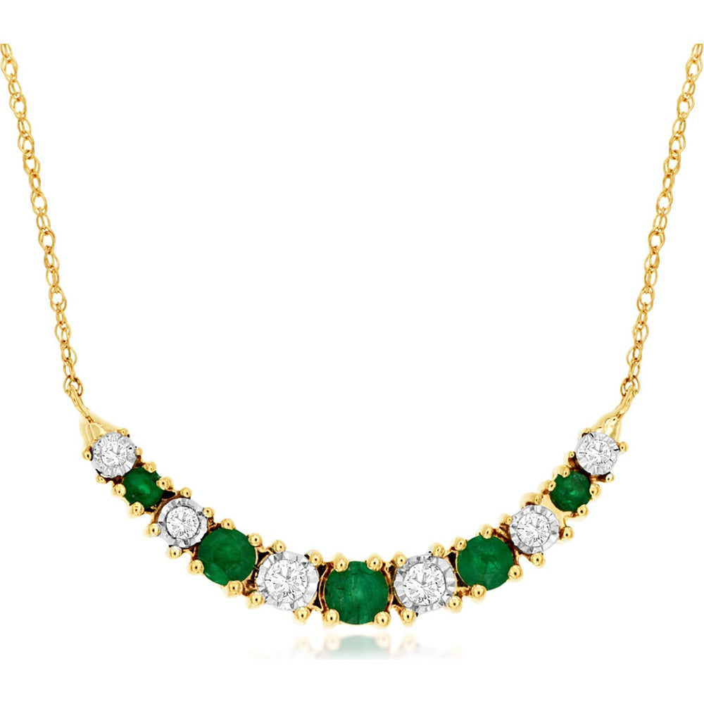14K Yellow Gold Crescent Necklace with Prong-Set Round Emeralds and Diamonds - 0.40 Carat Total Emerald Weight and 0.10 Carat Total Diamond Weight - Royal Jewelry