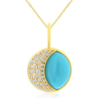 14K Yellow Gold Crescent Pendant with Cabochon Turquoise and Pavé Set Round Diamonds - 0.24 Carat Total Diamond Weight - Royal Jewelry