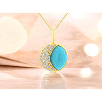 14K Yellow Gold Crescent Pendant with Cabochon Turquoise and Pavé Set Round Diamonds - 0.24 Carat Total Diamond Weight - Royal Jewelry