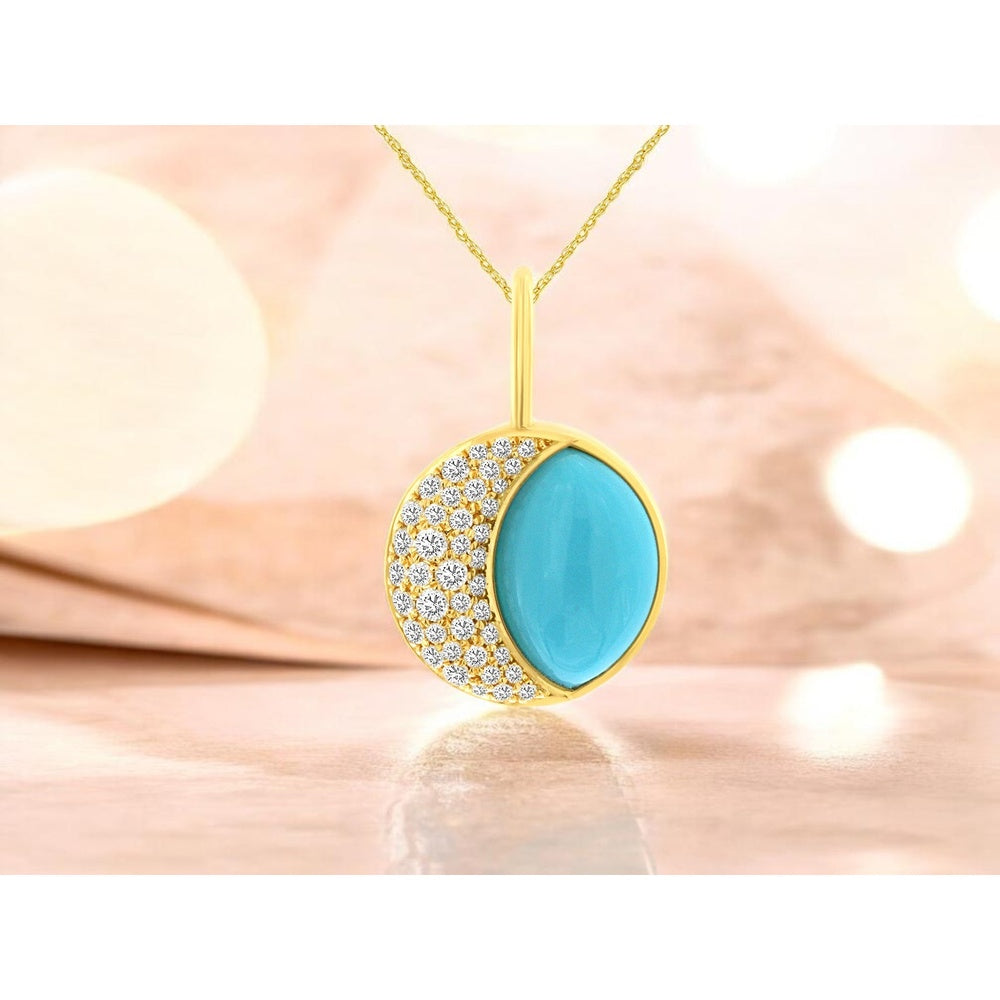 14K Yellow Gold Crescent Pendant with Cabochon Turquoise and Pavé Set Round Diamonds - 0.24 Carat Total Diamond Weight - Royal Jewelry