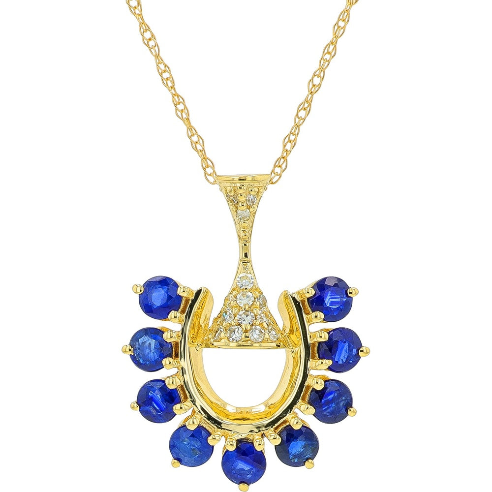 14K Yellow Gold Crescent Pendant with Round Sapphires and Diamond Accents - 0.86 Carat Total Sapphire Weight and 0.06 Carat Total Diamond Weight