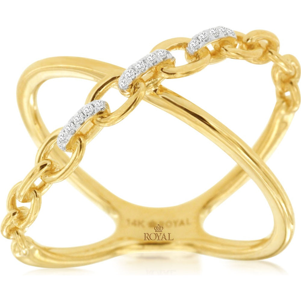 14K Yellow Gold Crisscross Chain Link Ring with Pavé Set Round Diamonds - 0.05 Carat Total Diamond Weight - Royal Jewelry