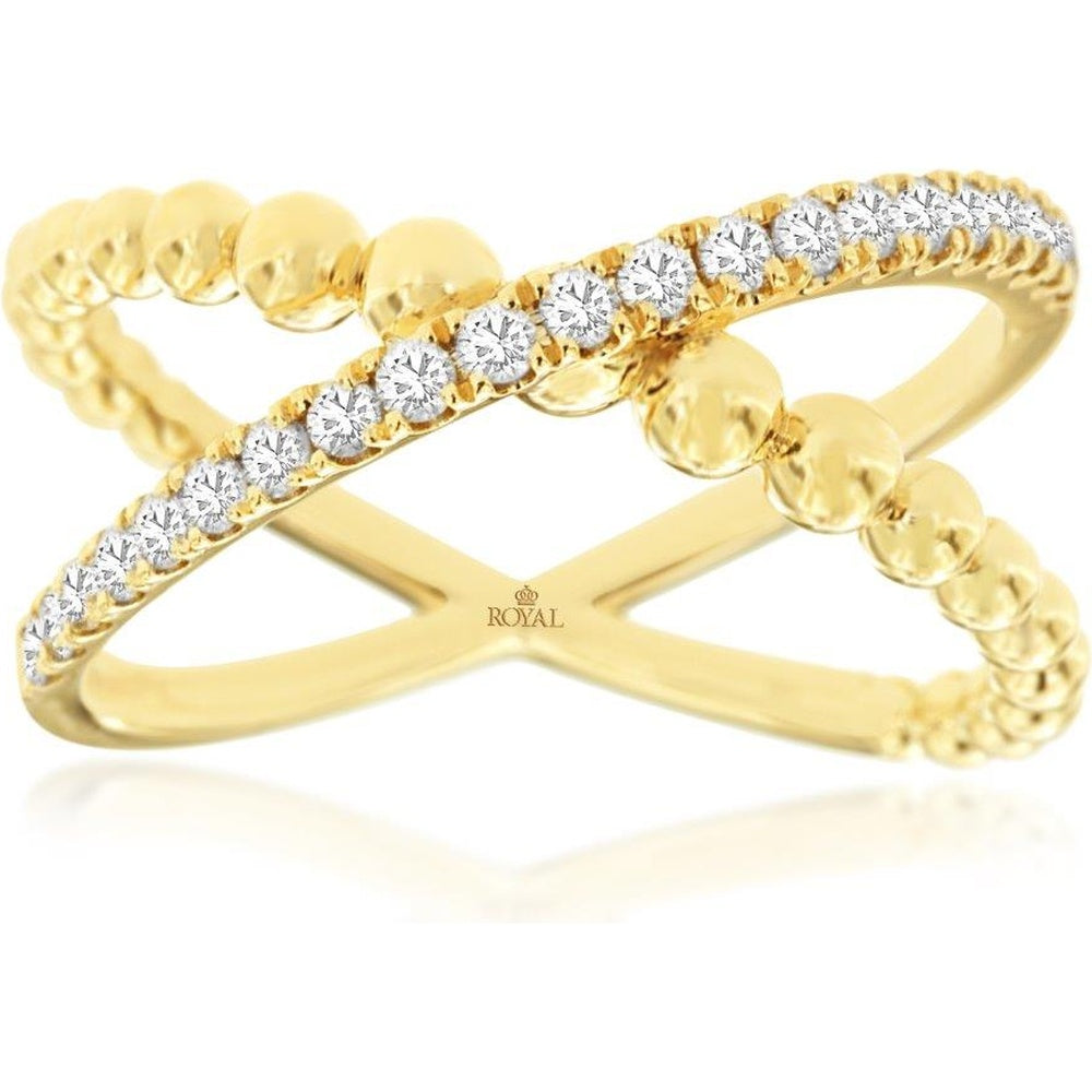 14K Yellow Gold Crisscross Ring with Round Diamond Accents and Beaded Gold Detail - 0.33 Carat Total Diamond Weight - Royal Jewelry