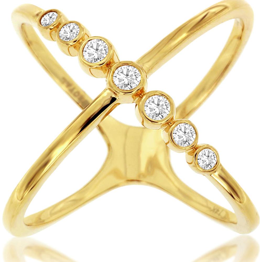 14K Yellow Gold Crisscross 'X' Ring with Bezel Set Round Diamonds - 0.25 Carat Total Diamond Weight - Royal Jewelry