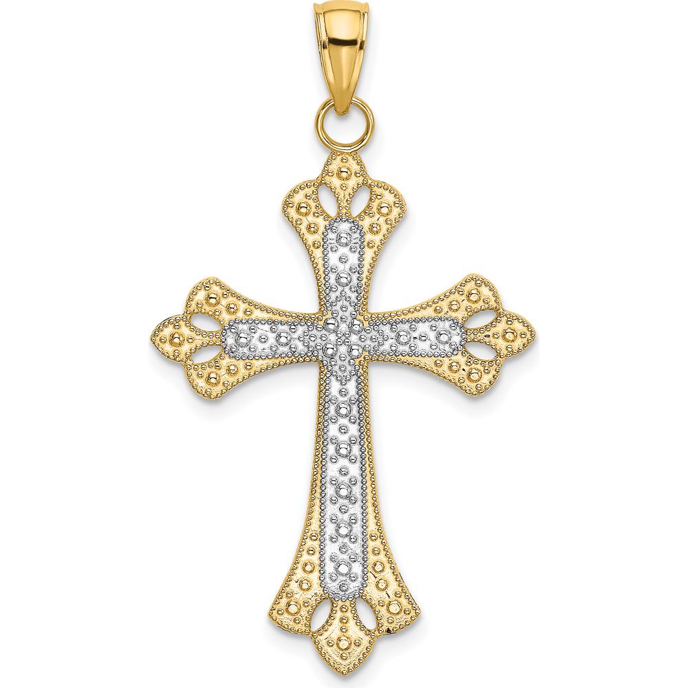 14K Yellow Gold Cross Charm with Scalloped Edges and Rhodium Accents - 31.9mm Length by Oro Pregiato