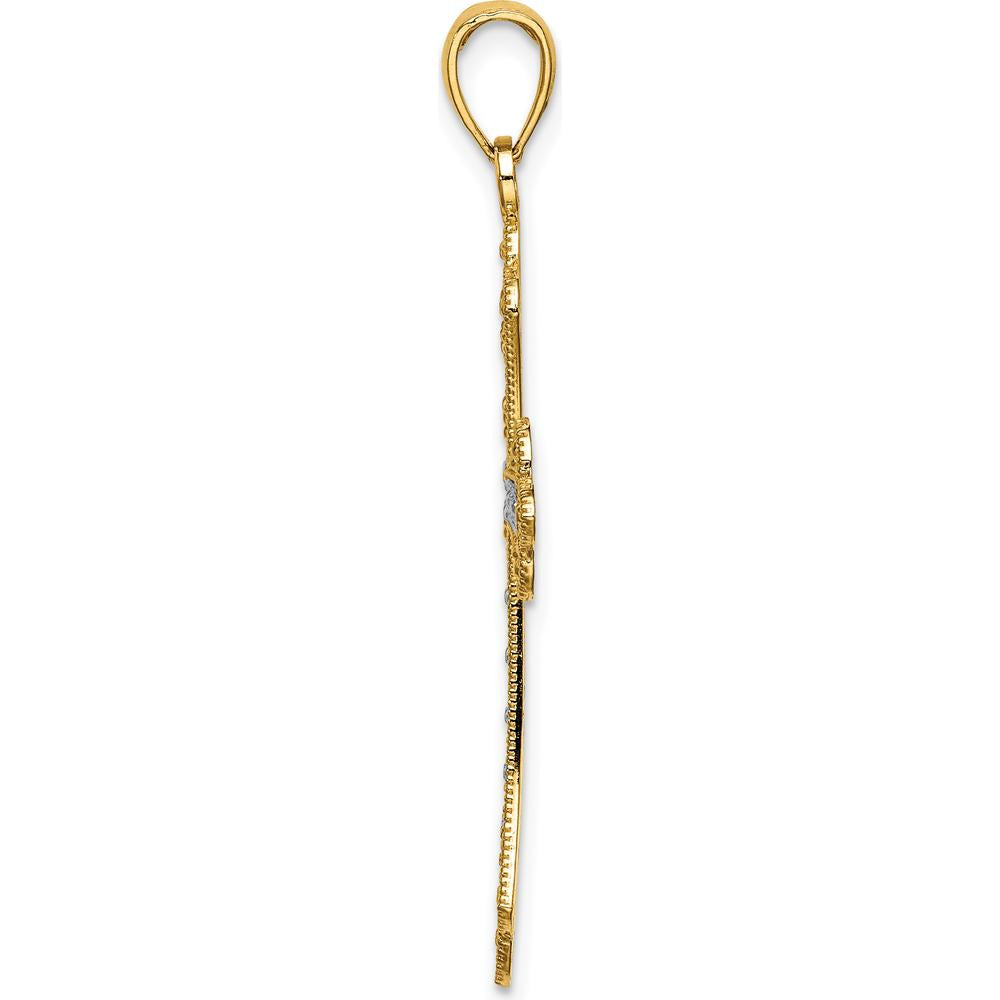 14K Yellow Gold Cross Charm with Scalloped Edges and Rhodium Accents - 31.9mm Length by Oro Pregiato