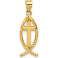 14K Yellow Gold Cross Ichthus Fish Pendant - 26mm Length by Oro Pregiato