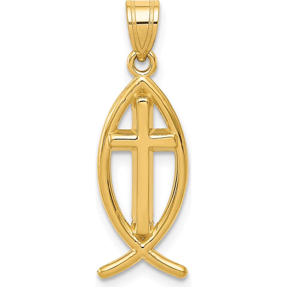 14K Yellow Gold Cross Ichthus Fish Pendant - 26mm Length by Oro Pregiato