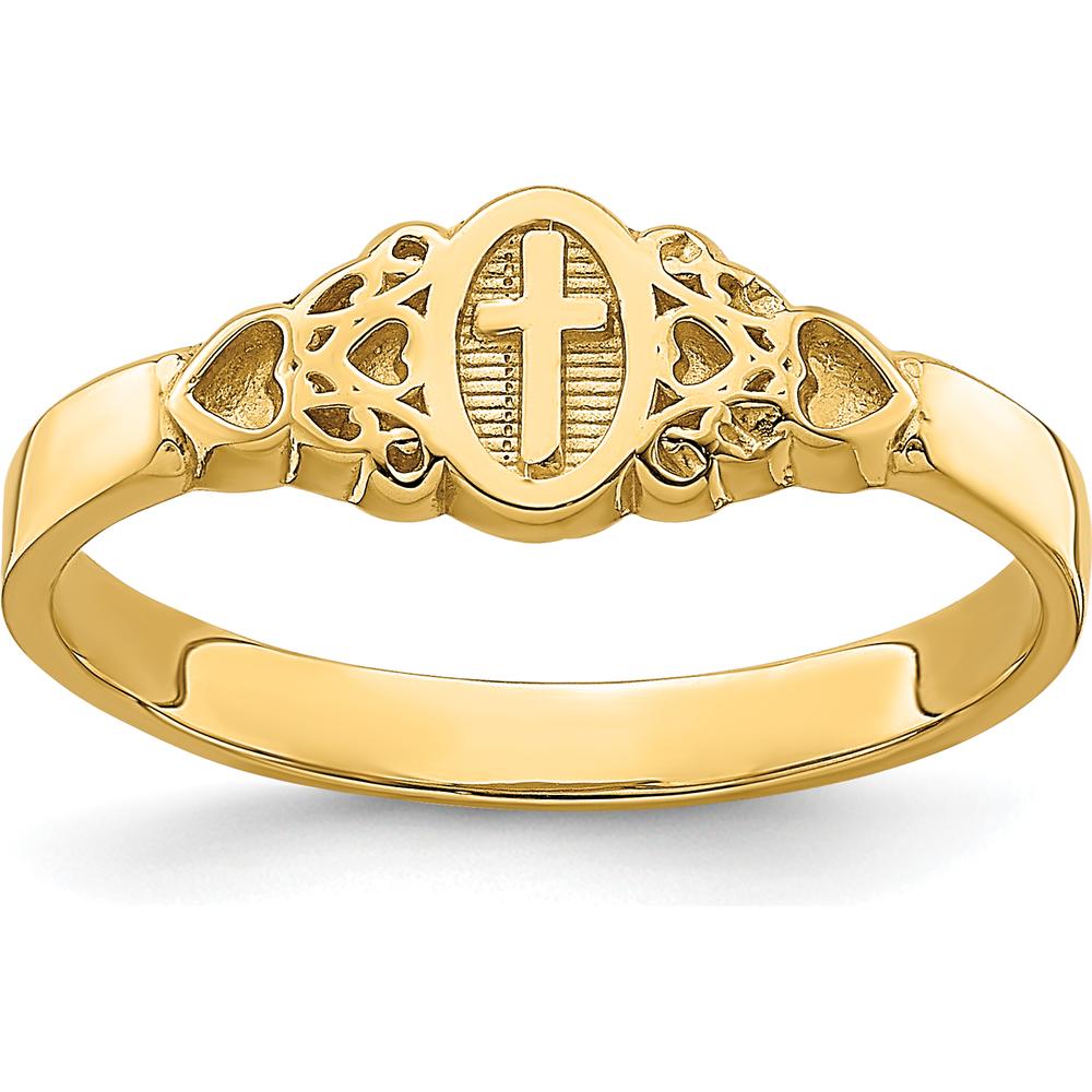 14K Yellow Gold Cross Inside Oval Ring with Scroll and Heart Design by 0